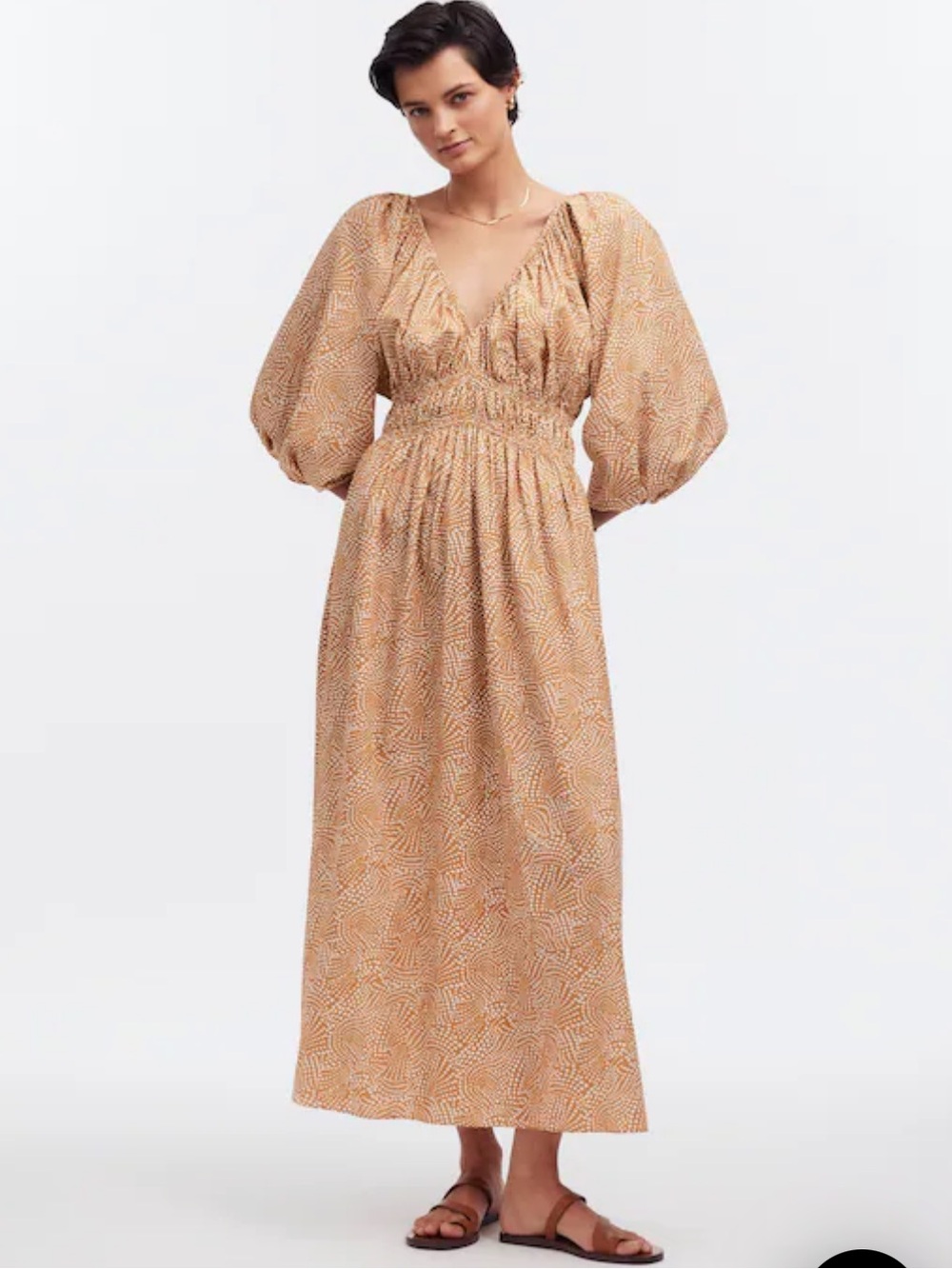 Madewell Tan Printed V‑Neck Smocked Maxi Dress